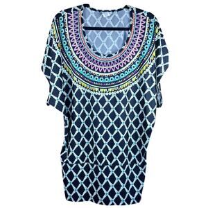 Trina Turk Kon Tiki Tunic Swimsuit Cover Up Dress Black Geo Diamond & Bib Print